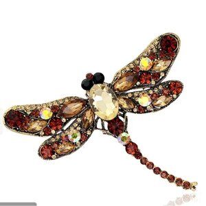 Dragonfly Amber Colored Brooch Iridescent Rhinestones Gold Tone